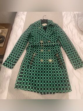 Michael Kors Green Geometric Print Belted Trench Coat XS